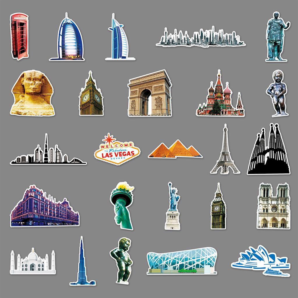 64 Landmark Building Graffiti Creative Laptop Bicycle Scooter Car Waterproof Decorative Stickers