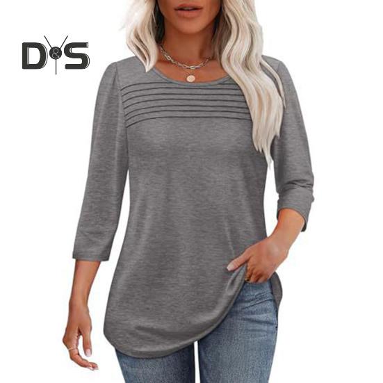 Damen-Oberteile, Rundhalsausschnitt, 3/4-Ärmel, plissierte Bluse, Frühling/Sommer, einfarbig, lockere Passform, lässiges T-Shirt für den Alltag