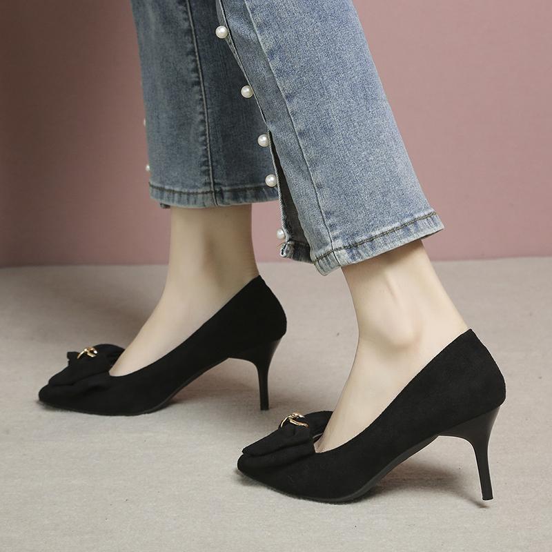 Black High Heels, Slim Heels, 2025 New Suede Pointed Temperament Women's Shoes, Rhinestone French Style Girls' Single Shoes