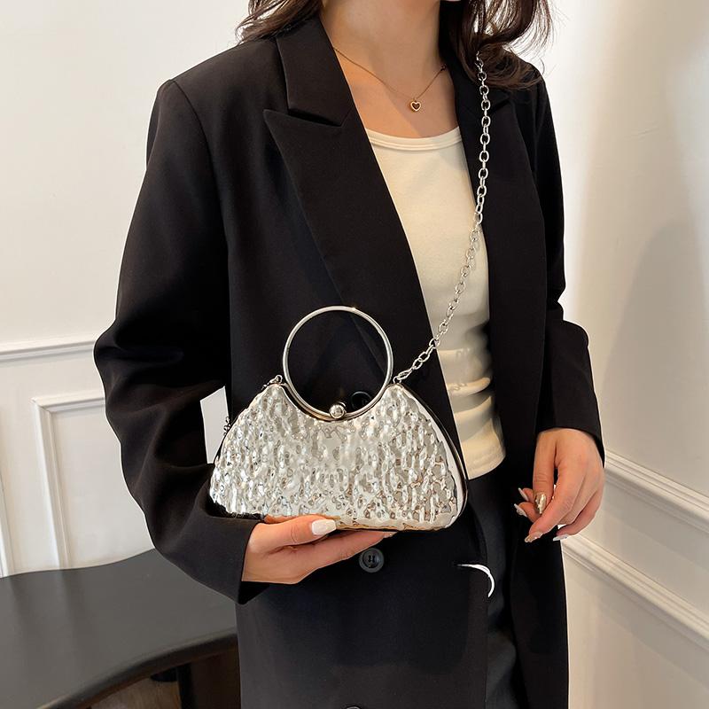 Round Handle Golden Evening Clutch Bags For Women Metal Texture Luxury Designer Purses And Handbags Wedding Party Crossbody Bag