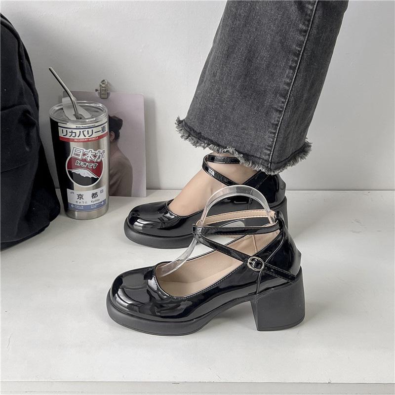 2024 New Mary Jane Thick Heel Single Shoes Women's British Style College Korean Version Loafers Shallow Mouth with Shoes