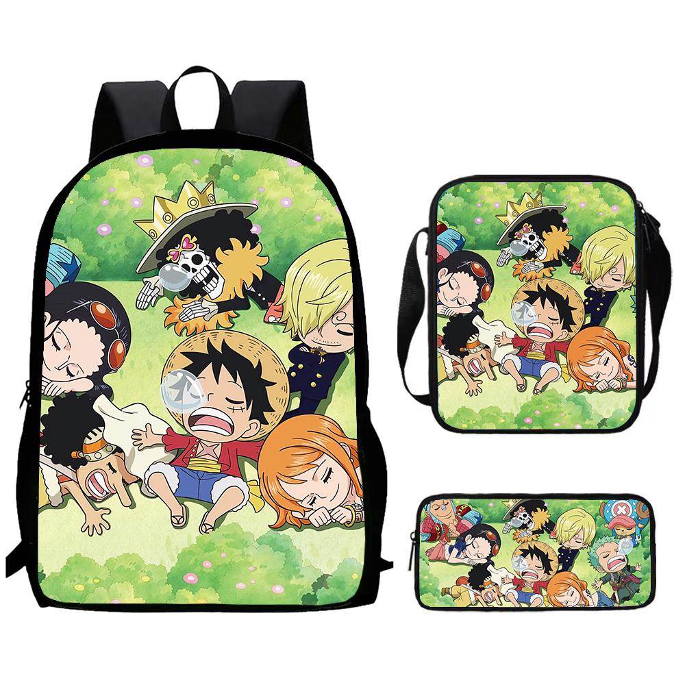 Cartoon One Piece 3pcs Lightweight Durable School Backpack with Crossbody Bag Pencil Case for Boys Girls Age 6-10 Primary School