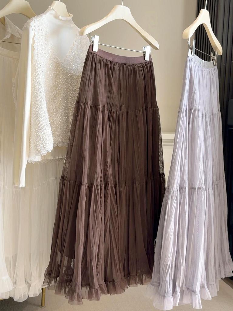 French Style High-Waist Midi Skirt: Spring A-Line Pleated Mesh Swing Skirt for Women