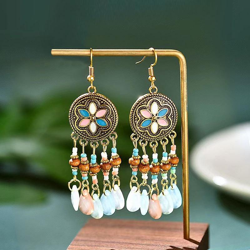 Bohemian Ethnic Beaded Teardrop Tassel Earrings