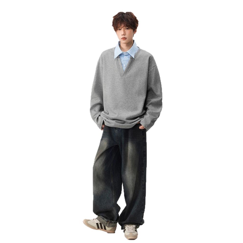 Fake Two-piece Sweater Men's and Women's Autumn Loose Shirt Collar Long-sleeved T-shirt Design Versatile Jacket