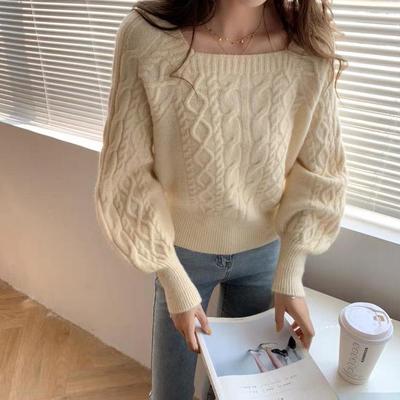 Pullover im koreanischen Stil mit lockerem eckigem Ausschnitt - Damen Dickes Zopfmuster Taillenverschlankendes Oberteil für Herbst/Winter