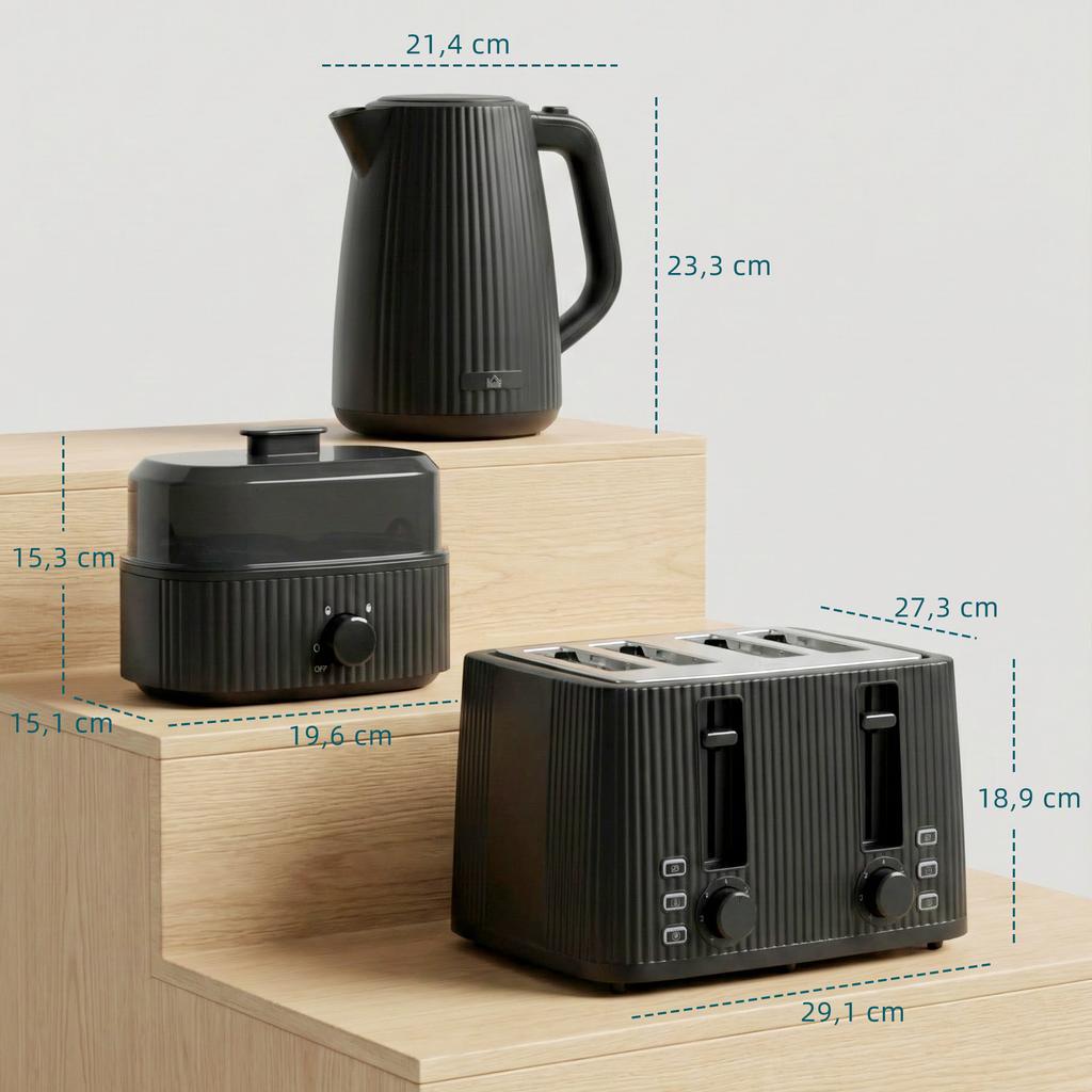 1.7L Rapid-Boil Kettle and 4-Slice Toaster Set, Egg Cooker for 6 Eggs with Indicator Light Black