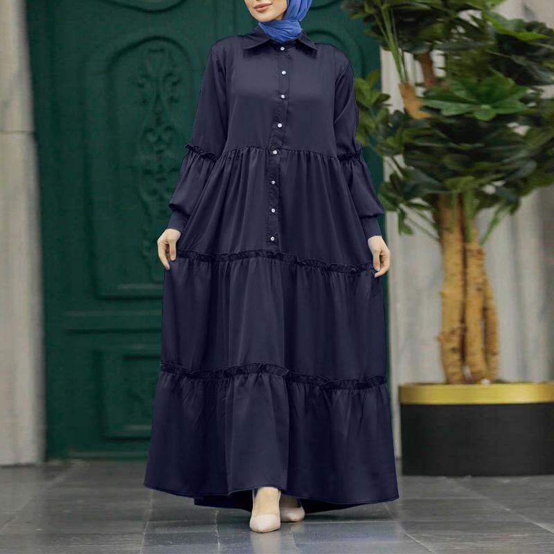 ZANZEA Women Casual Turn Down Collar Loose Long Sleeve Muslim Dress