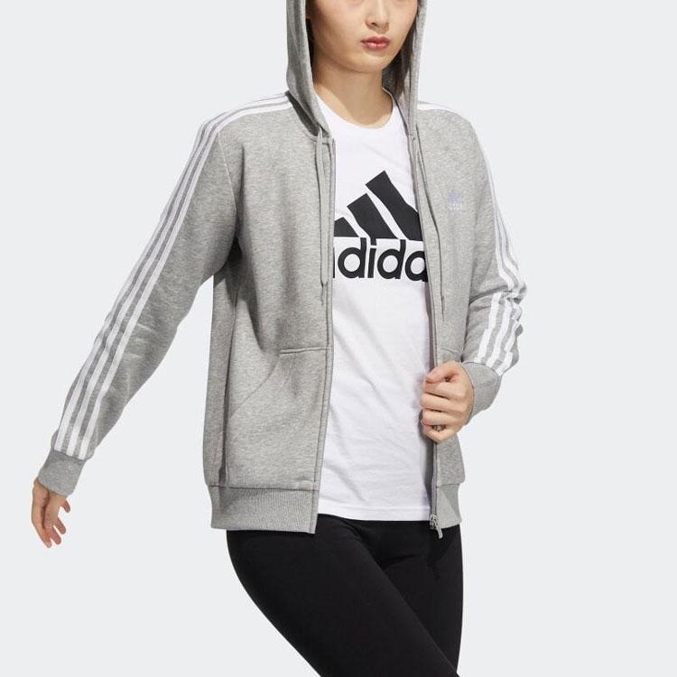 Adidas Striped Logo Casual Sports Hooded Jacket Women Jacket Gray GV6021