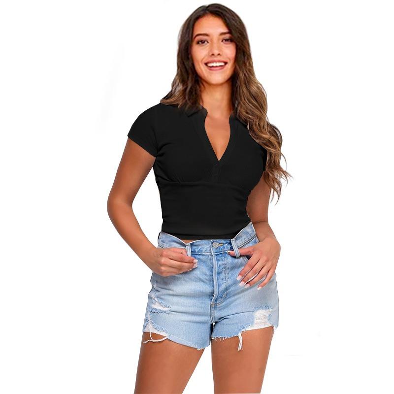 IHUASU Women's Fashion Casual Solid Color Print V-Neck Short Sleeve Blouses & Shirts