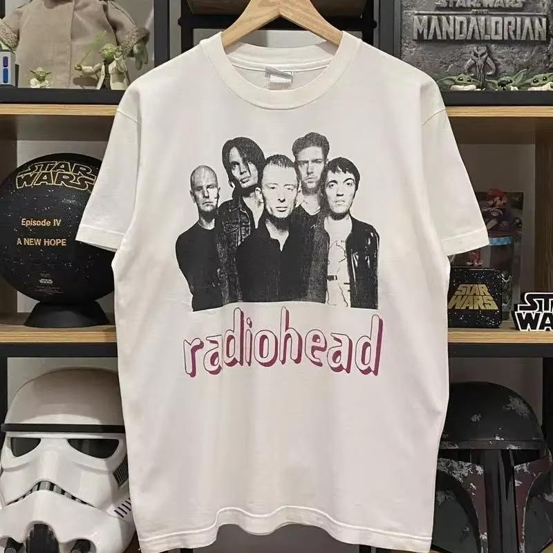 Radiohead Band White Cotton T Shirt Short Sleeves Cotton Short Sleeve Loose Y2K Quality Trend Shirt XL