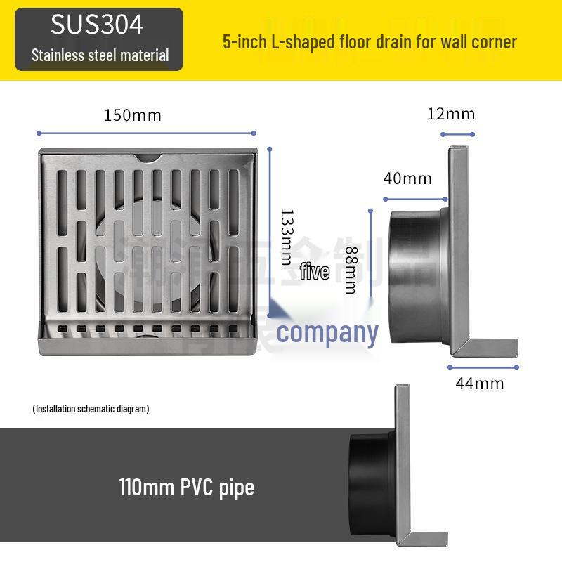304 Stainless Steel L-Shaped Floor Drain for Hotel Bathroom, Side Outlet, DN50, 5-Inch, Thickened Wall.