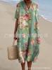 New Loose Casual Comfortable V-neck Digital Printing Pleated Large Version Dress