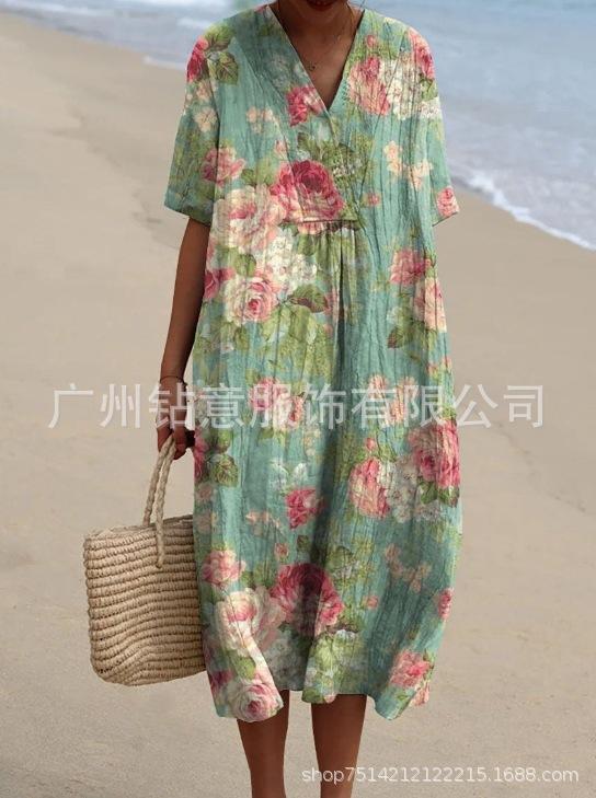 New Loose Casual Comfortable V-neck Digital Printing Pleated Large Version Dress