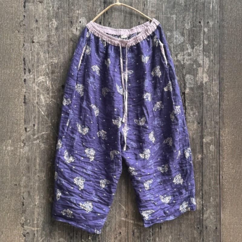 Johnature Women Vintage Wide Leg Pants Elastic Waist Pockets Autumn Loose Trousers Print Floral Belt Soft Pants