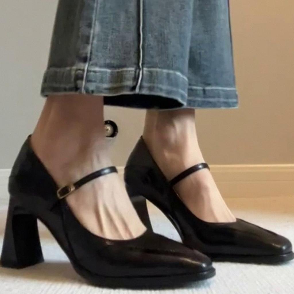 Sheepskin model~ leather French single shoes women's spring and autumn high heels femininity advanced not tired feet thick heel Mary Jane shoes