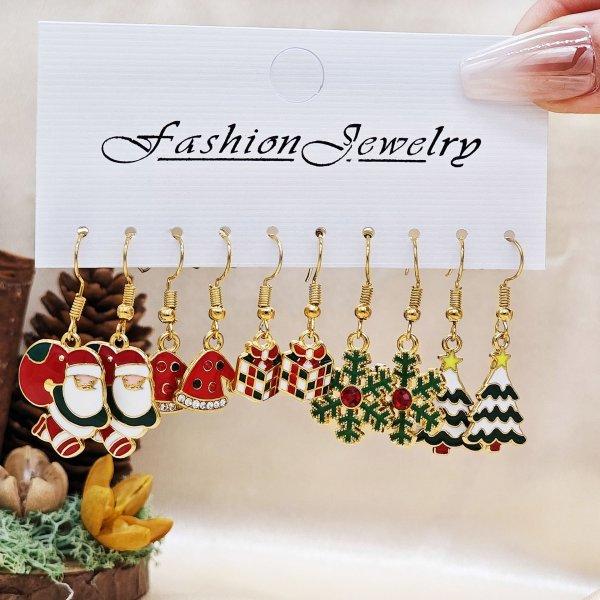 5Pairs Christmas Mixed Earrings Set for Women Santa Claus Xmas Tree Snowflake Elk Snowman Hook Stud Earring Girl Party Jewelry