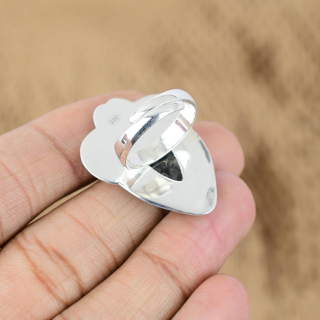 Womens Day Sale Sterling Silver Pear Black Rutile Gemstone Daughter Flower Ring