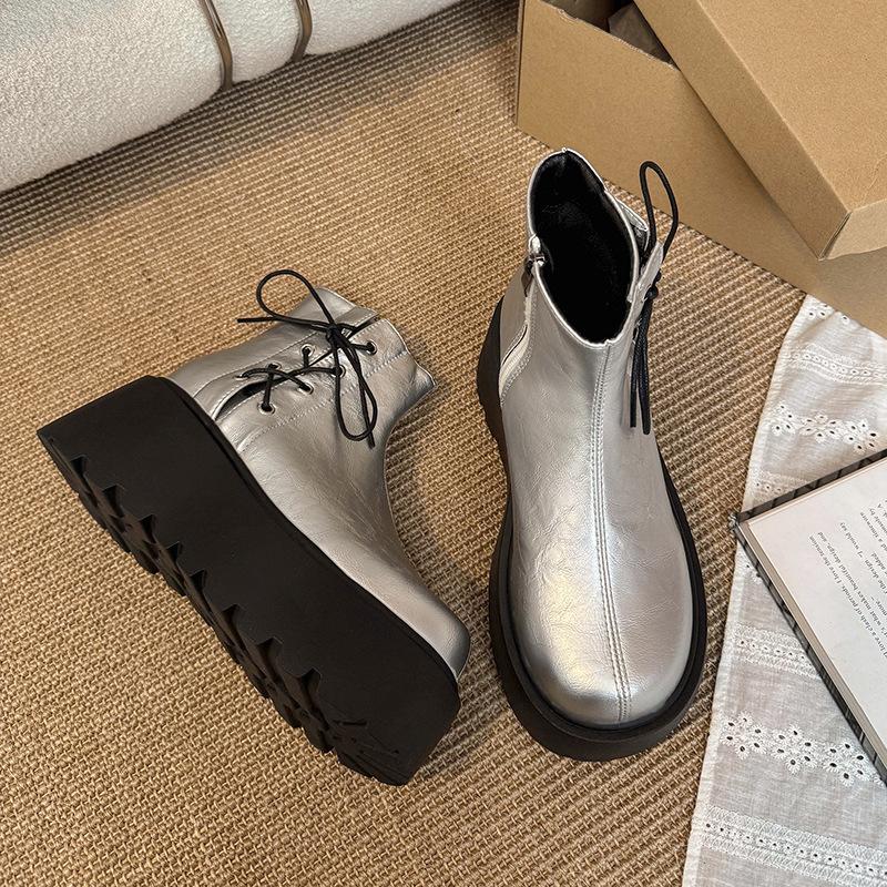 Round Head Small Man Increases Height Live Broadcast Explosion Soft Leather Martin Boots Winter Single Sports Thick-soled Snow Boots Women's Boots S