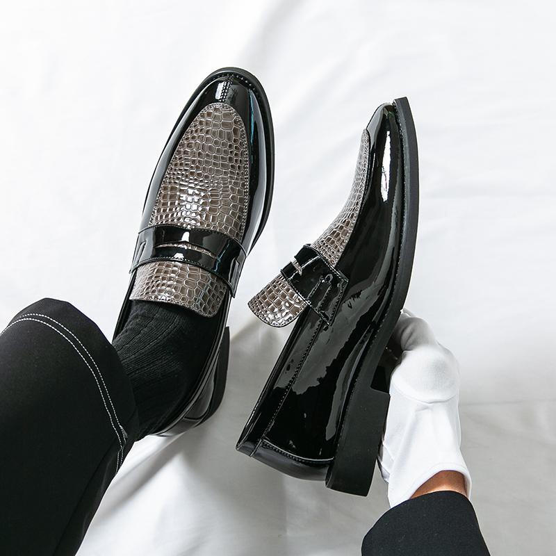 Men Black Loafers Leather Shoes Formal Business Flats Slip on Shoes Wedding Dress Prom Shoes Mosaic Contrast Over Sized