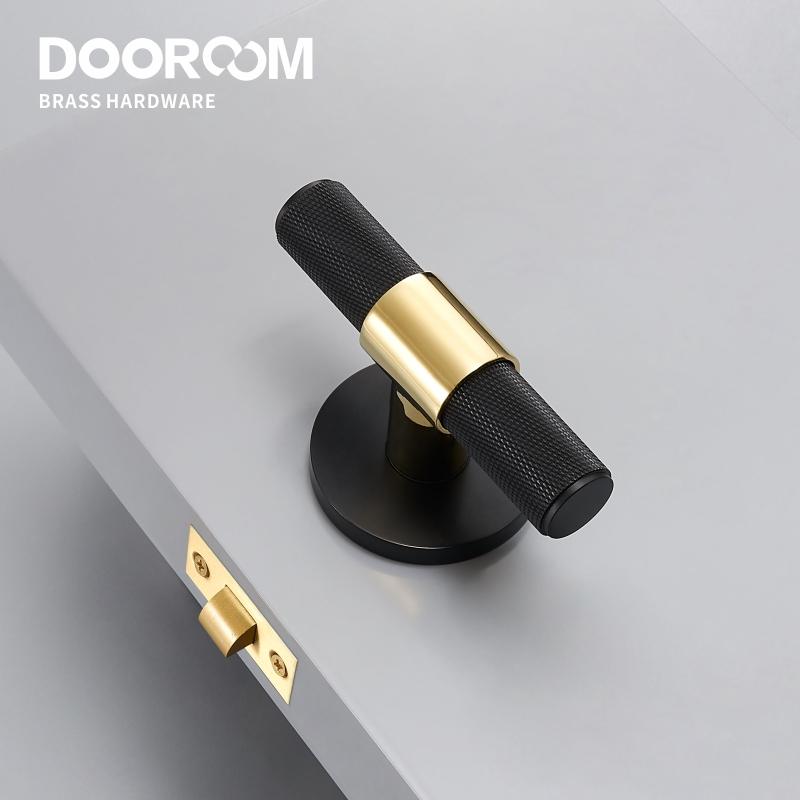 Dooroom Brass Door Lever Set Modern Knurled T-bar Interior Bedroom Bathroom Double Wood Door Lock Set Dummy Knob Hidden Door