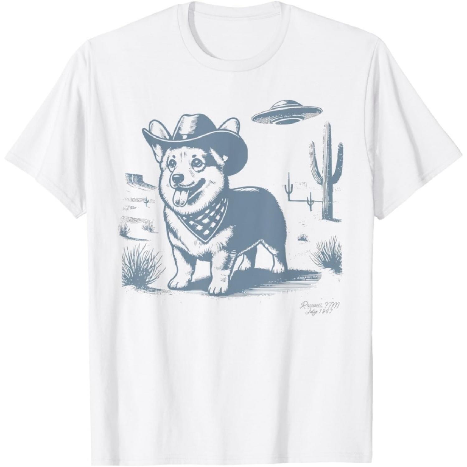 Vintage Funny 90s Western Cowboy Corgi Ufo T-Shirt S