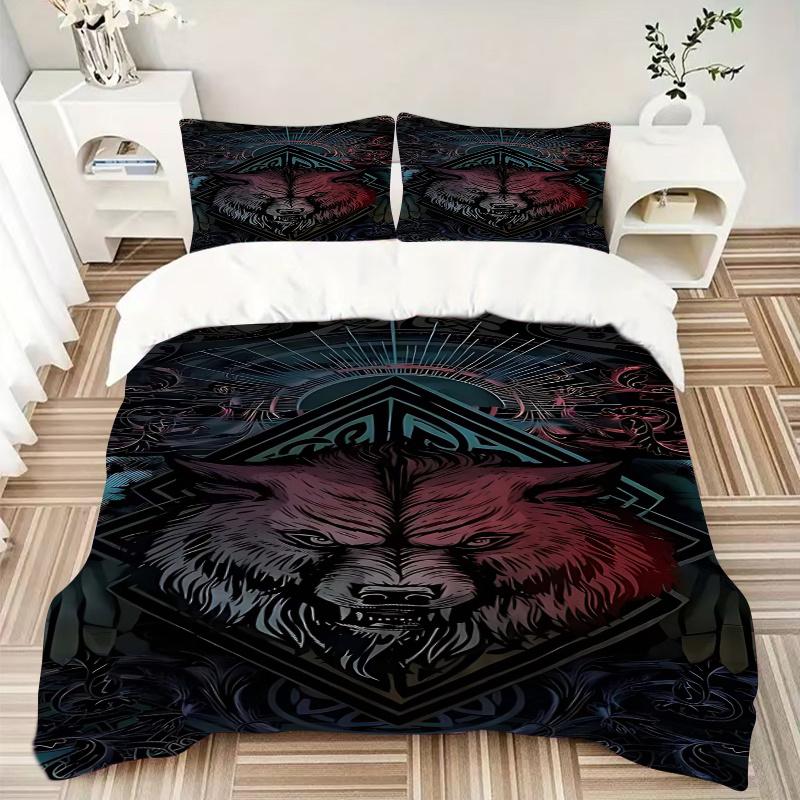 3pcs Anime Wolf Head Bedding Set - Includes One Quilt Cover and Two Pillowcases (No Core) - Perfect for Bedroom Decor, Festive Gifts, Polyester Fabric