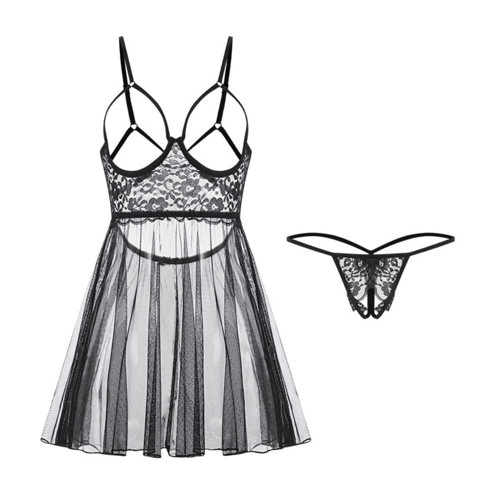Sexy Sheer Open Open Extreme Open Chest [MONEON] Lingerie, Babydoll, Bra, Camisole, T-Back, 2-Piece Set, Bust, See-Through Lace, Cosplay, Underwear,