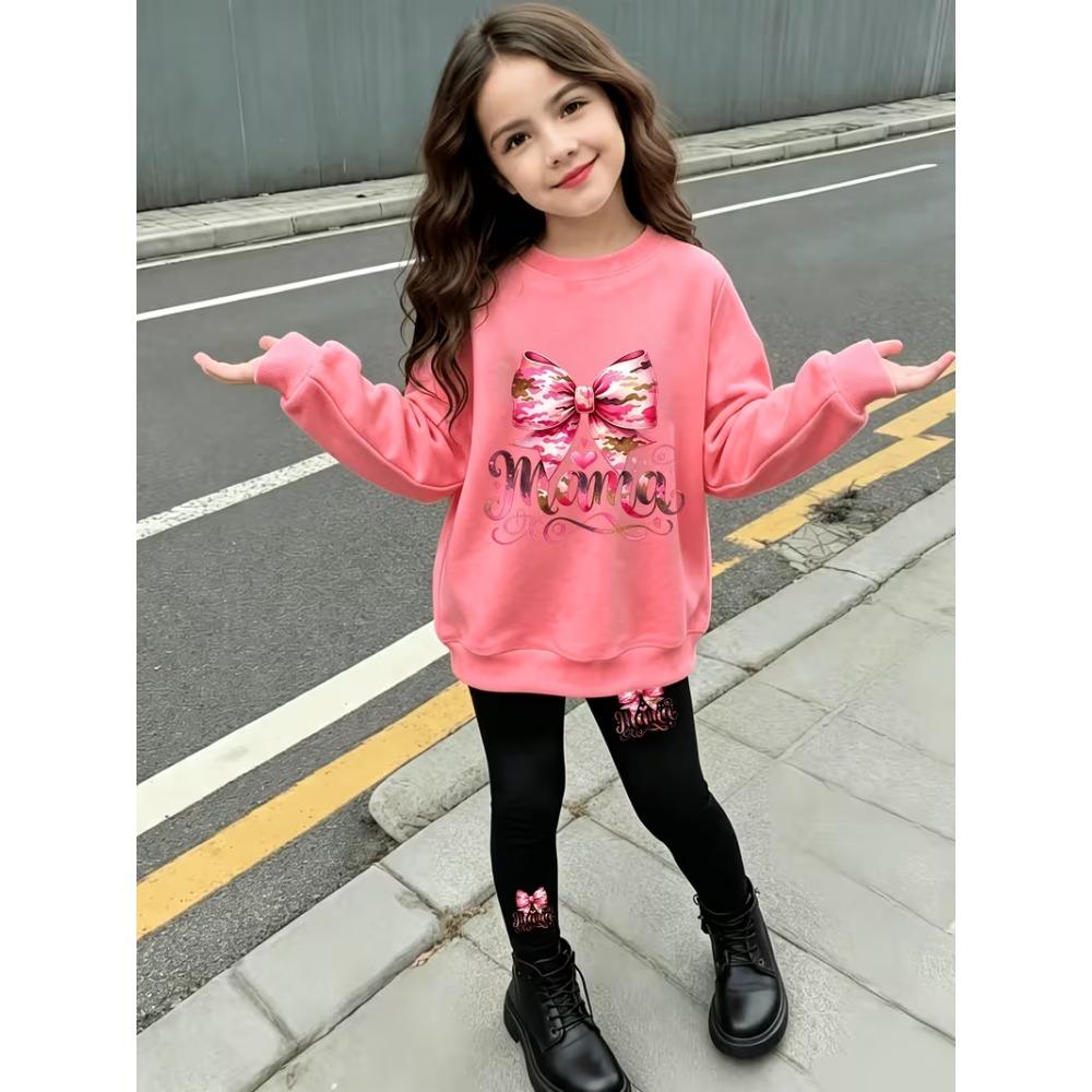 Girls' Glitter Bow Casual Comfortable Soft Loose Pullover Sweatshirt and Leggings 2-Piece Set, New Autumn/Winter, Playful, Sweet and Cool Style