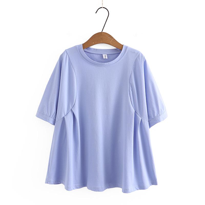 Women's Spring Solid Color Loose Pullover Top Round Neck Split Sleeve Comfortable T-Shirt
