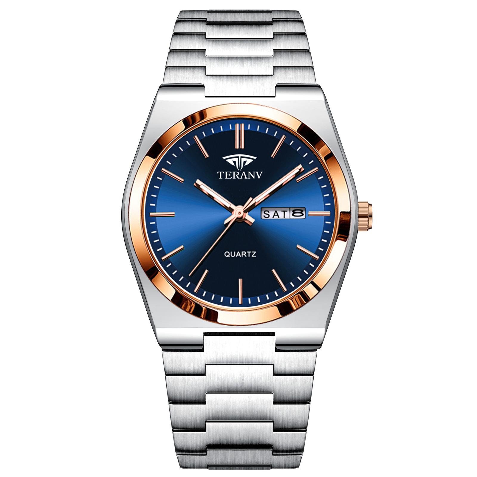Watch Men s Business simple Steel Strip ultra-thin dual Calendar Waterproof night light Male Fashionable Quartz Clock Watches синий