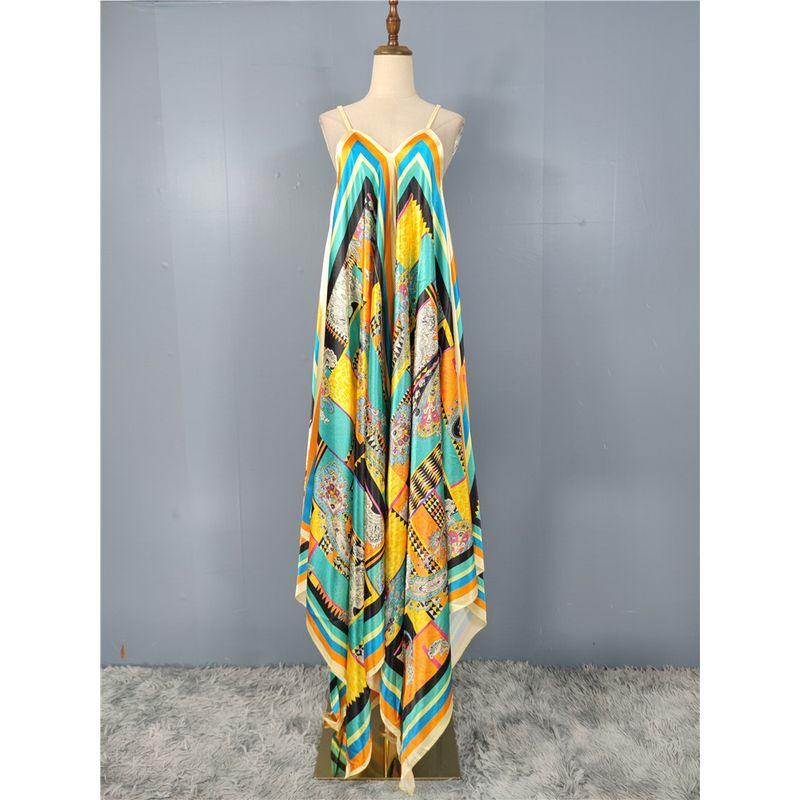 Foreign Trade Retro Personality Elegant Production Loose Sling Exquisite Print Irregular Vacation Smooth Fabric Dress