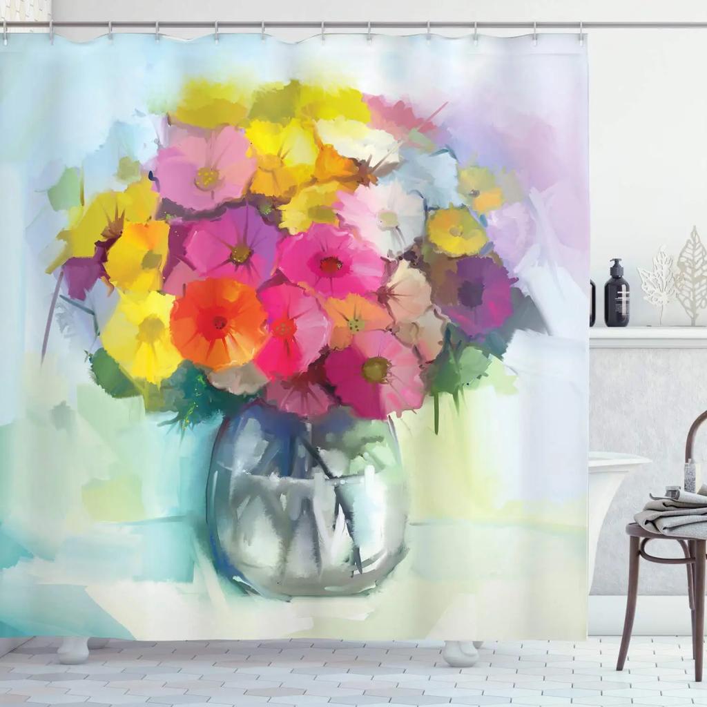 Waterproof Shower Curtain Stained Glass Meadow Flower Dragonfly Polyester Fabric Bath Curtain Home Hotel Bathroom Shower Curtain