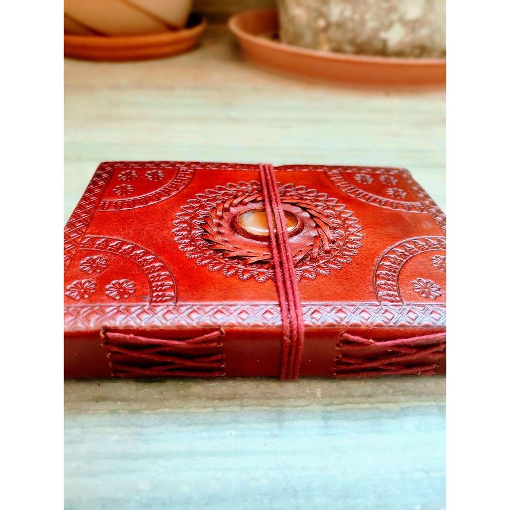 Semi Precious Stone Embossed Leather Bound Notebook, Stoned Leather Journal, Unlined Leather Notebook Handmade Diary Medium Size 5 by 7