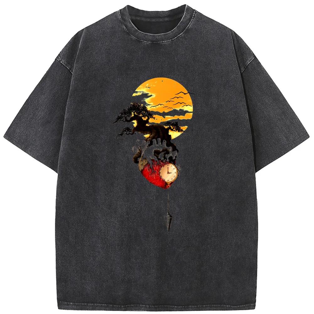 Time Sunset Mountain Men Women Washed T-Shirt Cotton Funny Loose Bleached Tshirt Retro Bleach T shirt Tops Tee