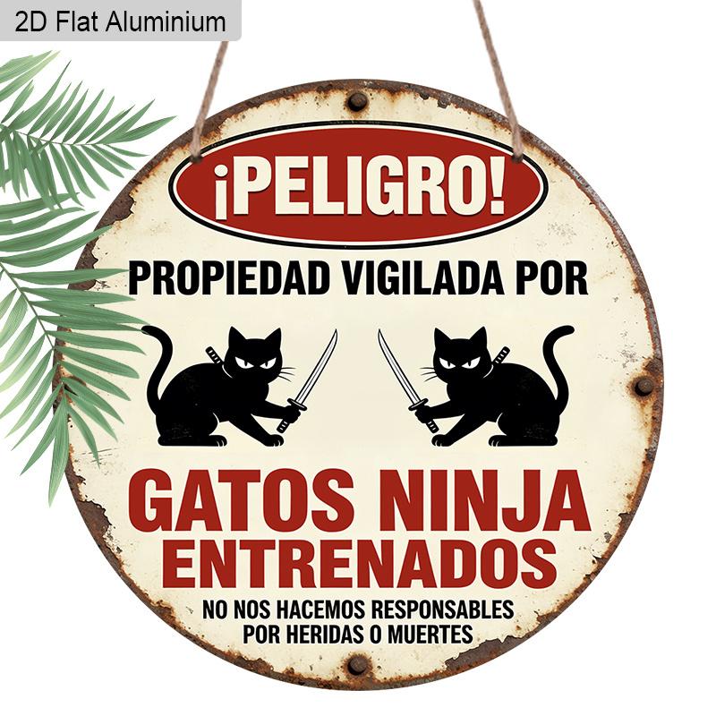 

2D Flat Funny Aluminium Sign Private Territory Warning Protected By Ninja Cats , Spanish Retro Animal Warning Wall Decor for Home & Office 20cm/7.87Inch