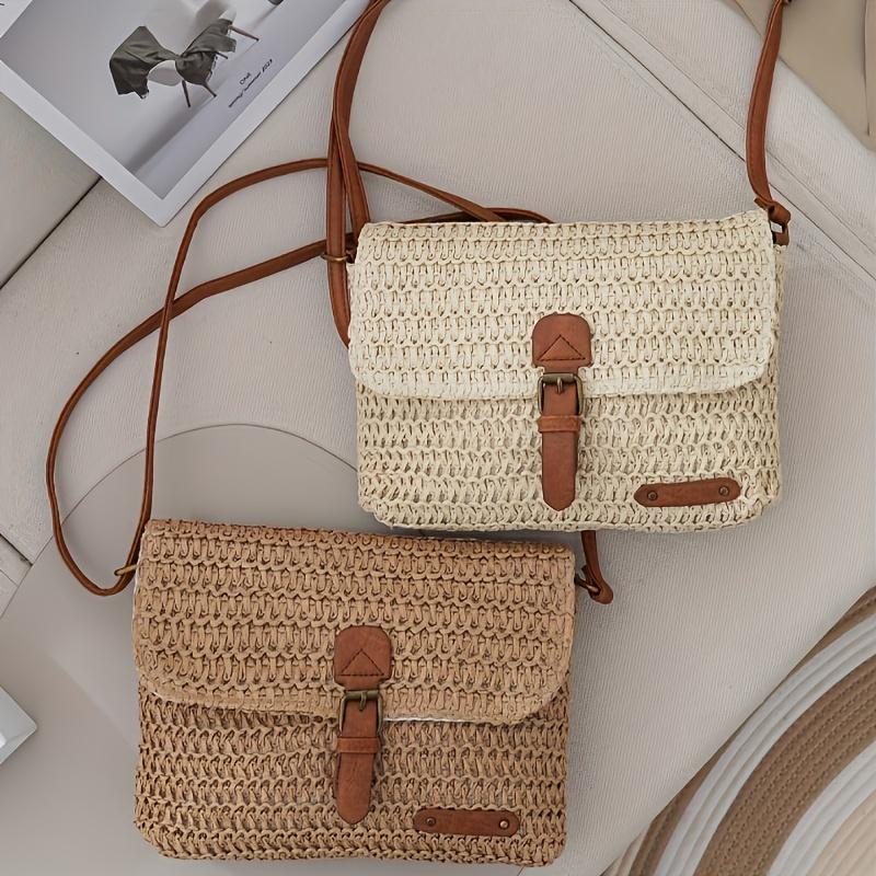 Vintage Woven Straw Messenger Bag, Small Papyrus Crossbody Bag for Women, Retro Travel Beach Bag with Adjustable Strap