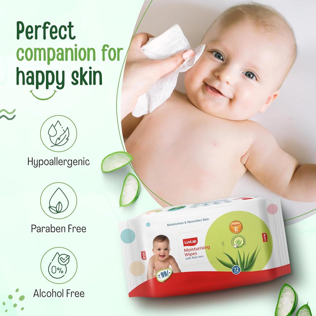LuvLap Moisturising Wet Wipes With Aloe Vera And Vitamin E Gentle Cleansing For Baby Skin 72 Wipes X Pack Of 3