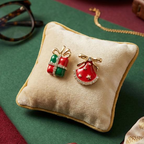 Asymmetrical Christmas Earrings 1 Pair Enamel Rhinestone Stud for Women, Dress Festive Party Accessories And Gift Box Earrings, Sparkling Holiday