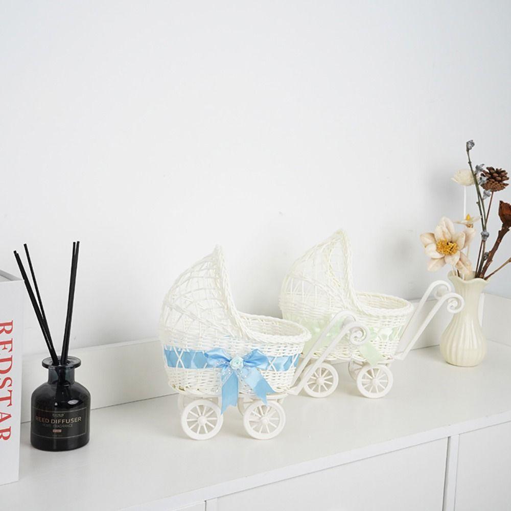 Multicolor Trolley Cart Storage Basket Weave Pattern Oval Shape Organization Basket Plastic Bowknot Desktop Ornament