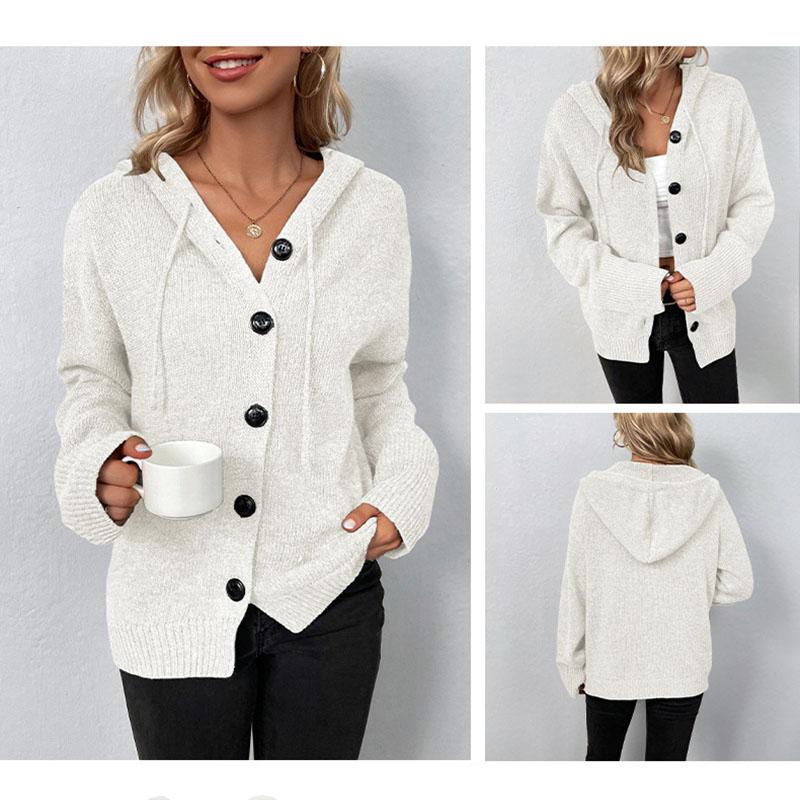 Hooded Knitted Cardigan Women's Solid Color Single Breasted Sweater Drawstring Design Thick Warm Jacket Loose Casual  Autumn Winter
