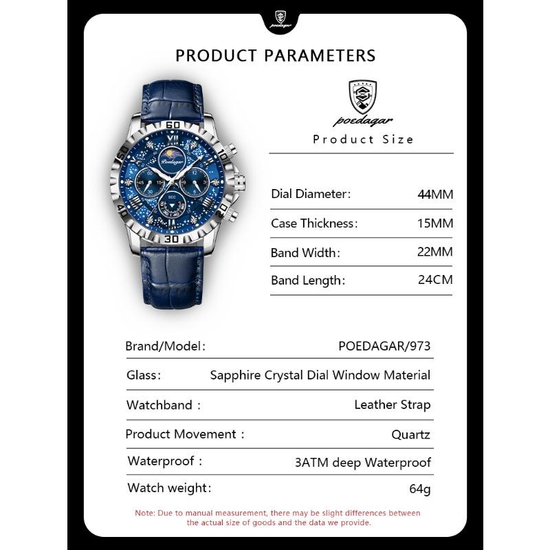 POEDAGAR Original Military Man Wristwatch Waterproof Luminous Chronograph Leather Strap Watches for Men Quartz Watch Reloj