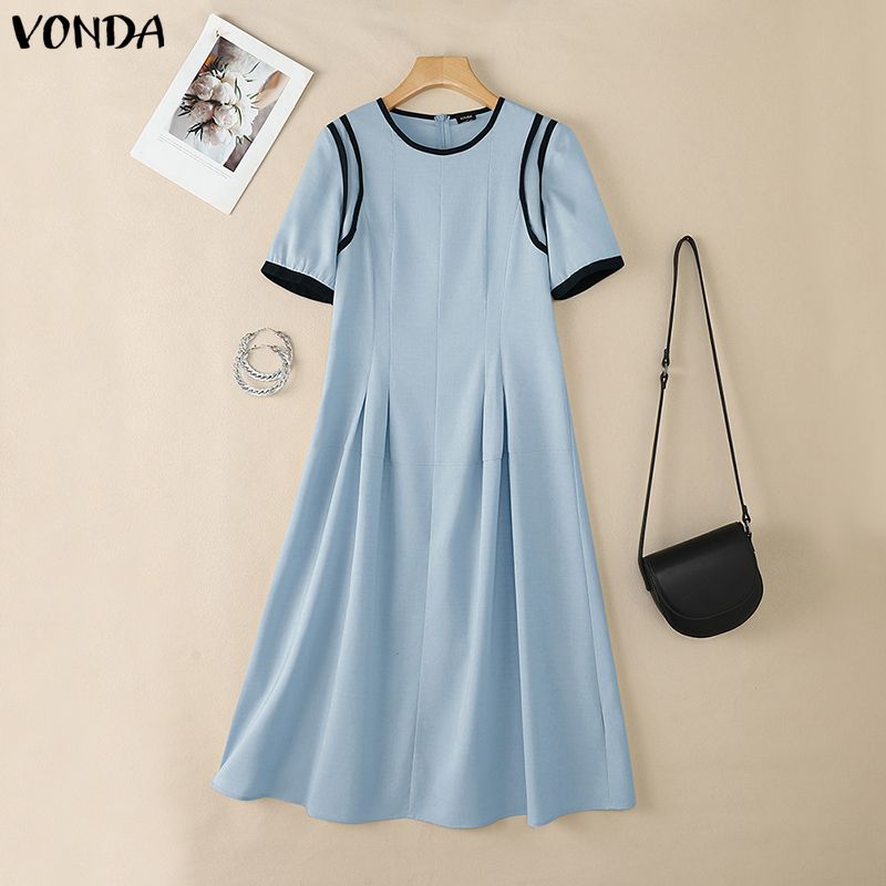 VONDA Women Summer Casual O-Neck Short Sleeve Stitching Dress Sundress