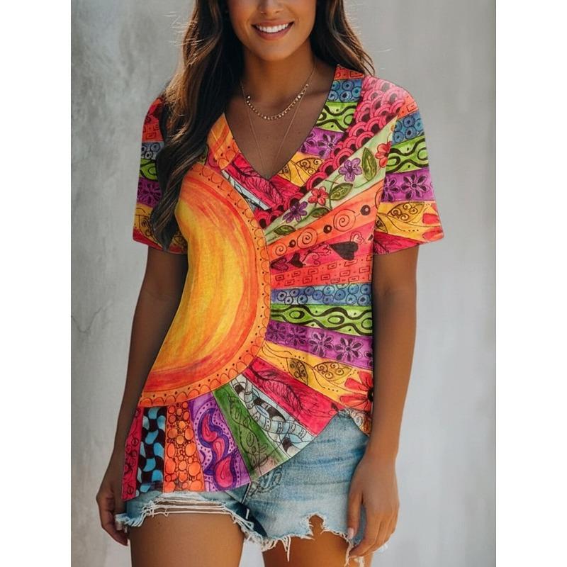 

Women s Floral Graphic Color Block Vintage Boho T-shirt, V Neck Short Sleeve, Casual Daily Summer Wear, Orange S