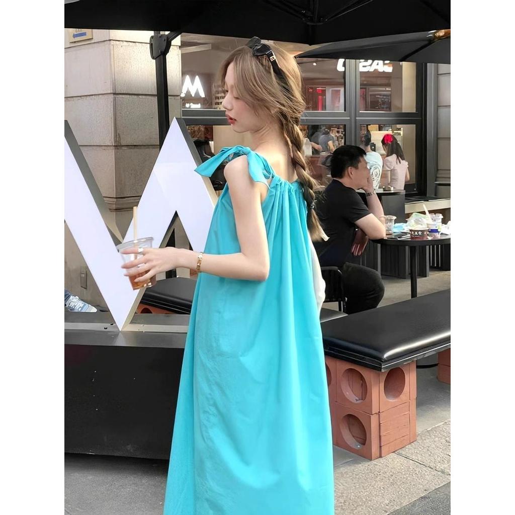 New holiday style lace-up suspender dress women's summer loose and thin A-shaped skirt blue medium and long skirt