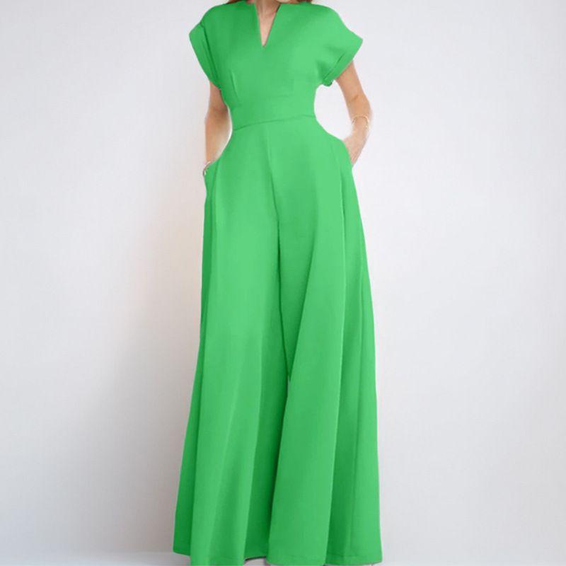 

Wide Leg Jumpsuit Fall Fashion Women s Loose Fashion Elegant Short Sleeve V-neck Pure Color Wide Leg Jumpsuit Green 3XL