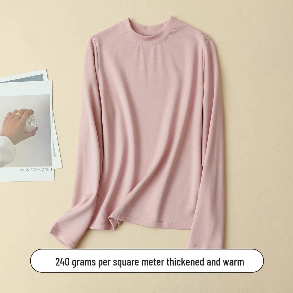 Damen Langarm-Basisshirt aus 250g Maulbeerseide mit gebürstetem Fleece und kleinem Stehkragen für den Herbst