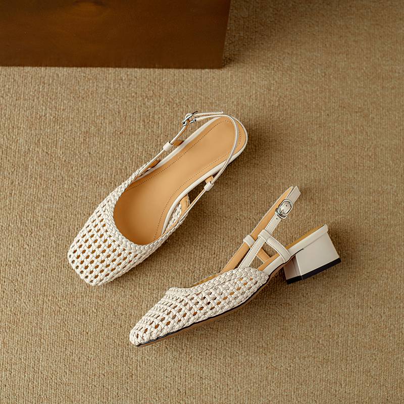 Krazing Pot Microfiber Weaving Summer Size 41 Med Heels Slingback Party Shoes Women Square Toe Gladiator Hollow Out Pumps