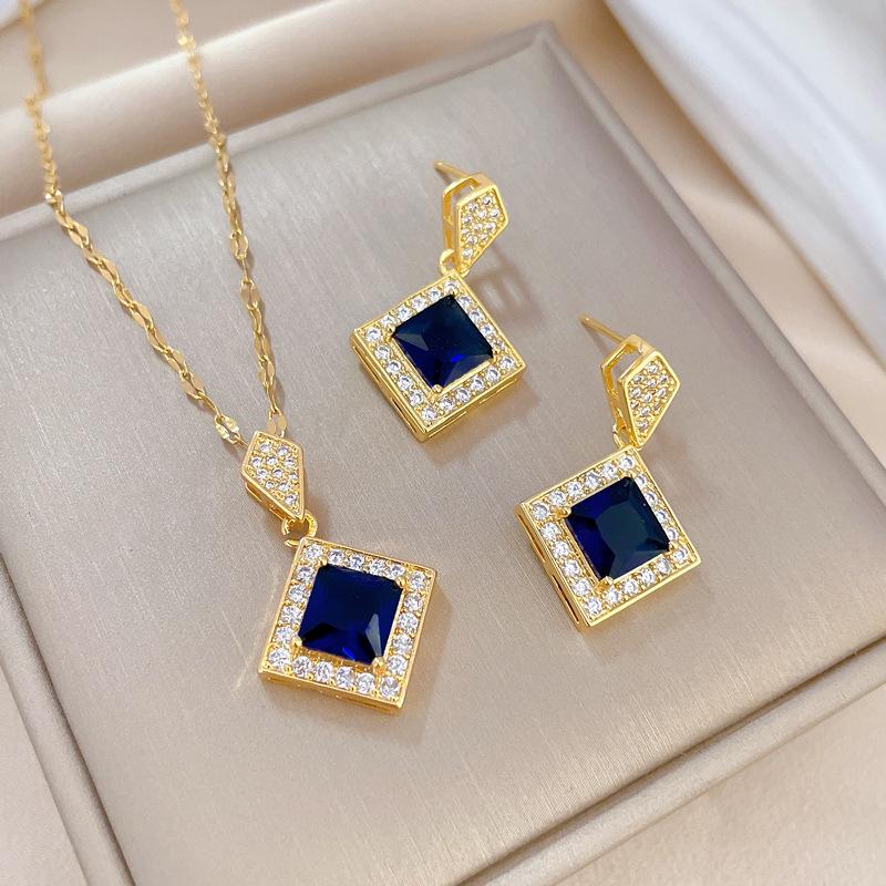 Blue Rhombus Necklace Earrings Set Light Luxury Slightly Inlaid Personalized Temperament Banquet Earrings Necklace Combination