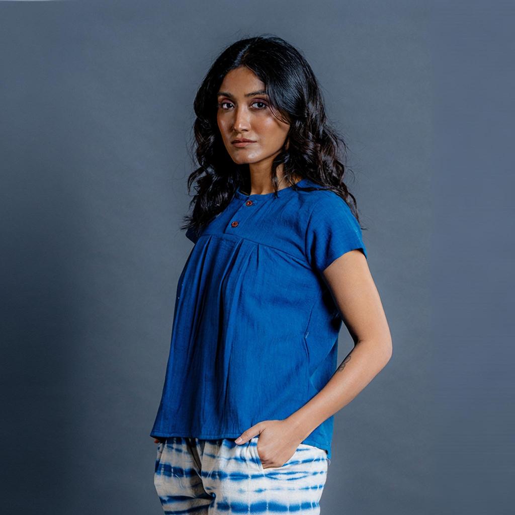 Women’s Indigo Cotton Crop Top Casual Loose Fit Summer Blouse Short Sleeve Top for Daily Wear Travel